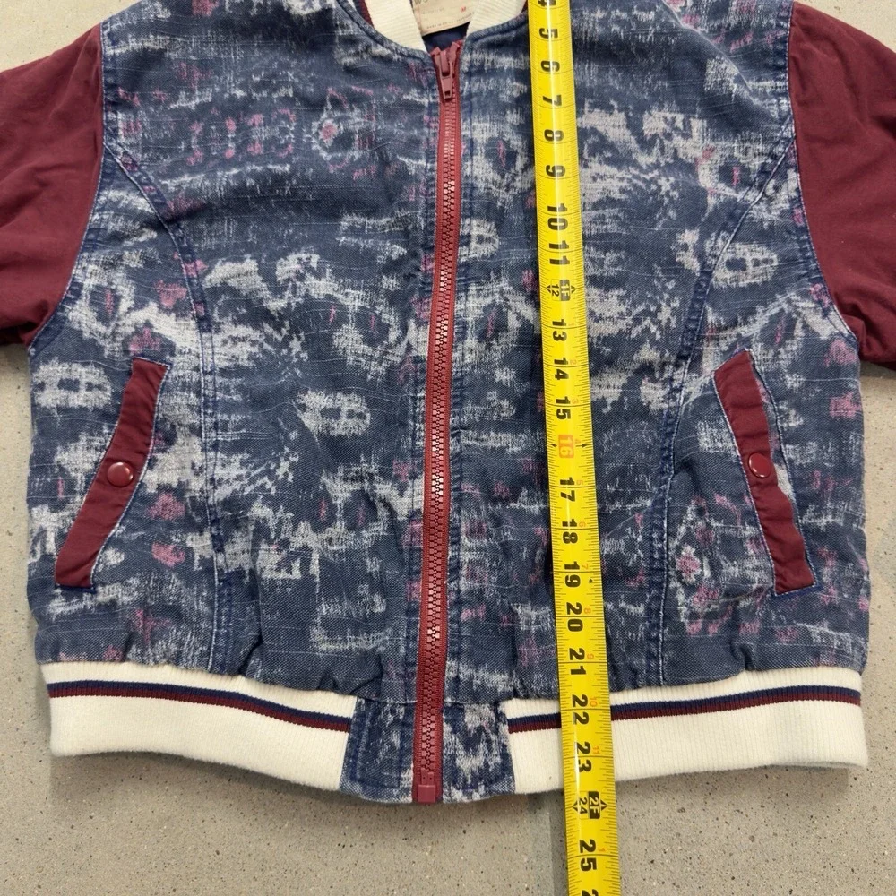 Free People Women's Bomber Jacket Varsity Dreams Linen Blend Ikat Print Sz Med
